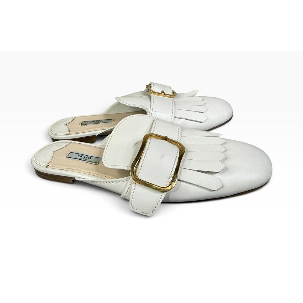 Prada White Leather Fringe Buckle Mules Flats IT 39 US 9 Gold Hardware - Picture 9 of 11